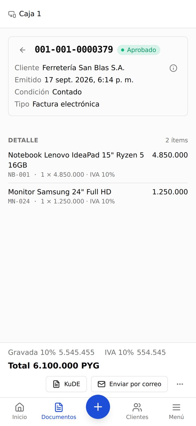 FactuManager: factura electrónica 001-001-0000379 aprobada por la DNIT, con detalle, total y botón para el KuDE