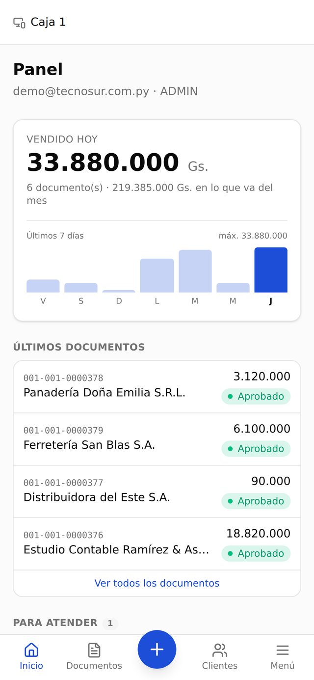 FactuManager en el celular: panel con lo vendido hoy y los últimos documentos aprobados